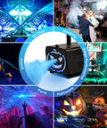 Collage featuring uses of a 500W Fog Machine With 9 LED Lights And 12 Color Effects for Halloween, weddings, parties, and stages.