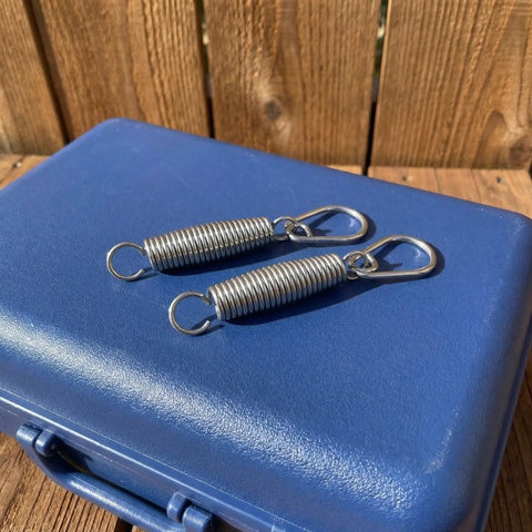 Two Pack Bass Drum Pedal Spring Upgrade With Stainless Steel Hook Tension Springs Durable Kick Pedal Spring For Consistent Tension Stage And Studio Drum Hardware Replacement, two stainless springs on blue case