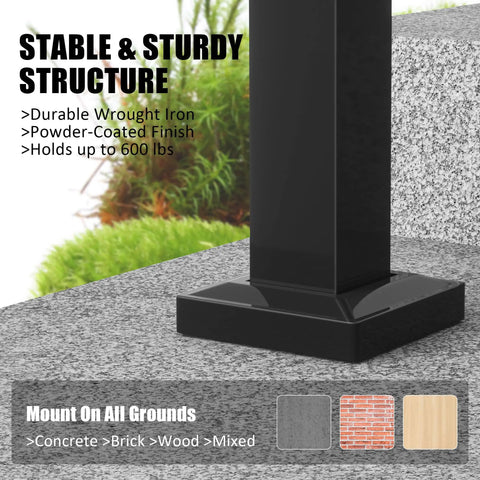 Heavy Duty 3 Step Outdoor Handrail Kit In Matte Black Wrought Iron For Concrete Or Wood Porch Stairs built sturdy on granite surface.