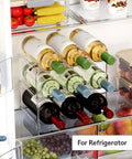Clear Three-Tier Stackable Bottle Organizer For Wine And Drinkware, freestanding in fridge, holding nine wine bottles