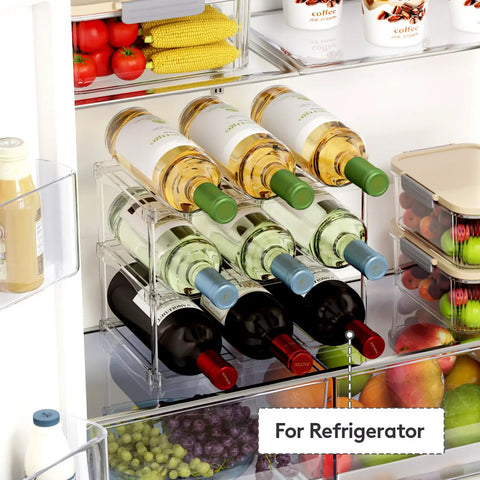 Clear Three-Tier Stackable Bottle Organizer For Wine And Drinkware, freestanding in fridge, holding nine wine bottles