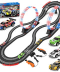 Dual Lane Slot Car Race Track Set With Four High-Speed Cars, Electric Track, Dual Controllers, Circular Overpass Design