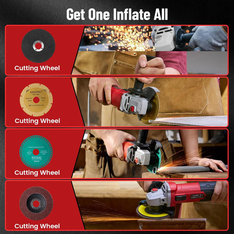 Avhrit 4-1/2in angle grinder, 10A, 13000 RPM, shown cutting, grinding, polishing with cutting discs