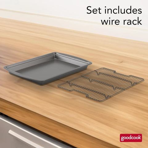 Nonstick 15 X 10.5 Inch Baking Pan with Raised Wire Rack for crispy bacon, chicken and fries, shown on countertop