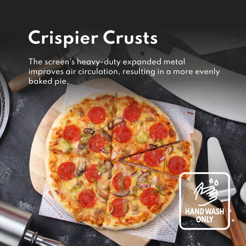 Pepperoni pizza on Restaurant-Grade Seamless Aluminum Pizza Baking Screens, 16 Inch, Pack Of 6, showing airflow benefits.