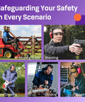 Hearing Protection Ear Muffs With 31 dB Noise Reduction for shooting, lawn mowing, DIY, and construction shown in various uses.