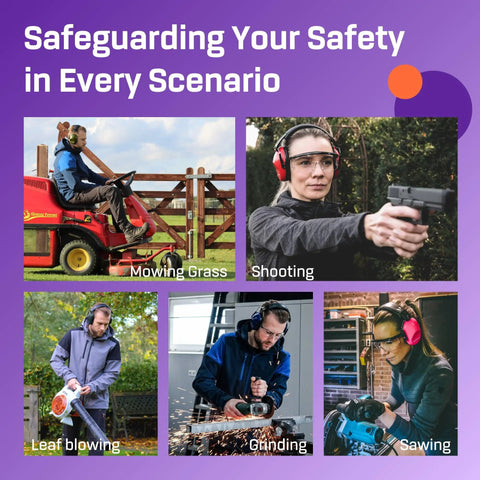 Hearing Protection Ear Muffs With 31 dB Noise Reduction for shooting, lawn mowing, DIY, and construction shown in various uses.