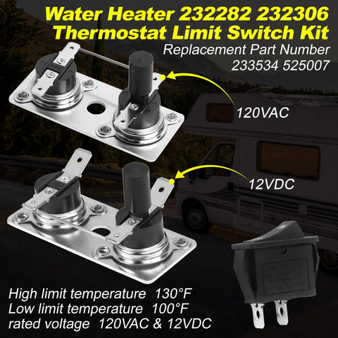 Thermostat Limit Switch Kit For Suburban RV Water Heater SW Replacement Parts 232306 232282 233534 525007 No Fuss Plug And Play Install on metal bracket, 120VAC 12VDC
