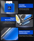 12V Gasoline And Diesel Fuel Transfer Kit with carry case, secure mounting base, and cast iron construction details