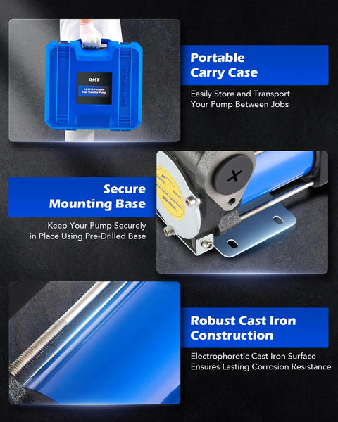 12V Gasoline And Diesel Fuel Transfer Kit with carry case, secure mounting base, and cast iron construction details