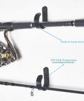 Wall And Ceiling Mounted Fishing Rod Holder Rack holds up to 10 rods with 20 hooks, showing metal construction and DIY EVA protection.