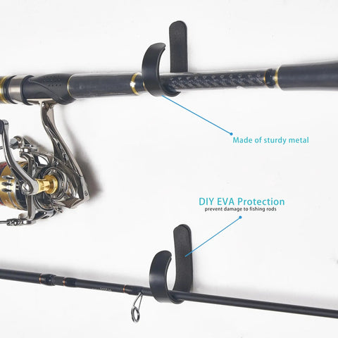 Wall And Ceiling Mounted Fishing Rod Holder Rack holds up to 10 rods with 20 hooks, showing metal construction and DIY EVA protection.