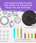 Solar System Stained Glass Suncatcher Craft Kit For Kids With Acrylic Sun And Planets, Glow In The Dark And Metallic Paints, Suction Cups And Hanging Supplies For Window Art Or Mobile, Build Your Own Outer Space Decor. Kit with 1 sun, 8 planets, paints, and suction cups.