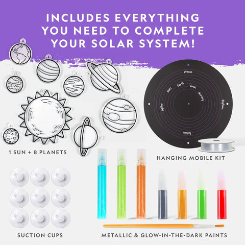 Solar System Stained Glass Suncatcher Craft Kit For Kids With Acrylic Sun And Planets, Glow In The Dark And Metallic Paints, Suction Cups And Hanging Supplies For Window Art Or Mobile, Build Your Own Outer Space Decor. Kit with 1 sun, 8 planets, paints, and suction cups.