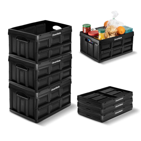 Collapsible Storage Bins 32L Three Pack Heavy Duty Stackable Crates for home office dorm RV garage, stacked and holding items
