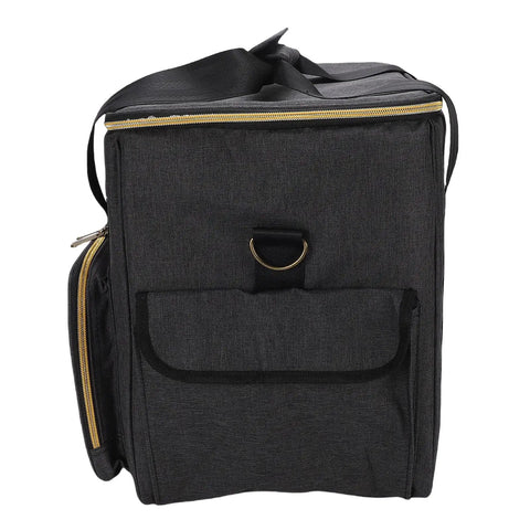 Side view of Vinyl Record Storage Bag With Cationic Fabric Thick Padded Base Dual Zippers Removable Dividers Non Slip Feet Travel Case