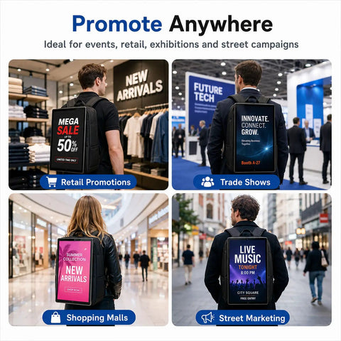 21.5 Inch Touchscreen Advertising Backpack Packing Android 11 And A Hella Crisp Display in retail, trade show, mall, and street contexts.