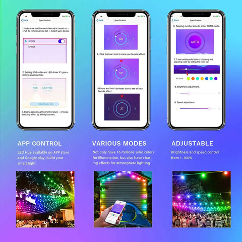 App-controlled interface for Lit Dream Color Outdoor LED String Lights 39 Ft 100 LEDs, with color changing modes and settings.