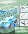 Ultrasonic Jewelry Cleaner With Digital Timer 50KHz Deep Clean In 304 Stainless Steel, showing cleaning process and results.