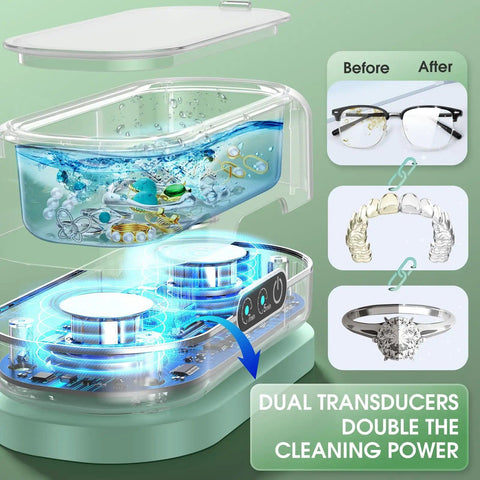 Ultrasonic Jewelry Cleaner With Digital Timer 50KHz Deep Clean In 304 Stainless Steel, showing cleaning process and results.