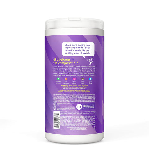 Back view of All Purpose Cleaning Wipes French Lavender Scent for Multi Surface Use Compostable Wet Wipes 70 Count Pack