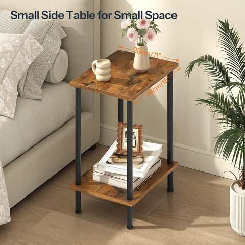 Set Of Two Rustic Brown End Tables Featuring Built Tough Industrial Frames Double Tier Storage Compact Side Tables And Nightstands For Living Rooms And Bedrooms With Easy Peasy Assembly That Actually Holds Up, featuring a small side table with two tiers.