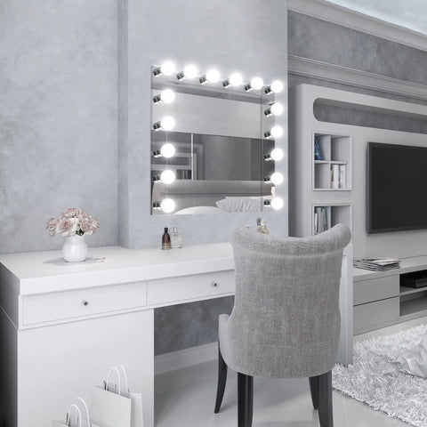 Modern vanity setup with 4 Light Vanity Strip Light In Polished Chrome, Dimmable Contemporary Bathroom And Makeup Vanity Lighting, mounted vertically.
