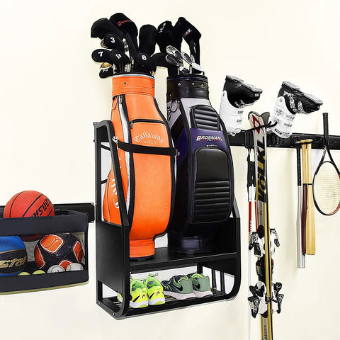 Wall Mount Golf Bag Organizer For Garage Fits Two Bags With Secure Straps Extra Large Golf Storage Rack With Open Shelf