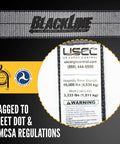 Close-up of Heavy Duty 2 Inch 18 Foot Ratchet Straps 13000 Lbs Break Strength label, showing compliance with DOT and FMCSA regulations.