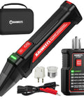 Circuit Breaker Finder Kit With GFCI Outlet Tester And Dual LED Indicators, All In One Electrical Tracer With Flashlight, Carrying Case And Adapters KT302P displayed with case and accessories.