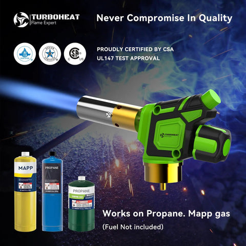Beefy Pro Grade Flame Torch Head With Igniter for Propane and MAPP Gas Tanks showing blue flame, cylinder not included
