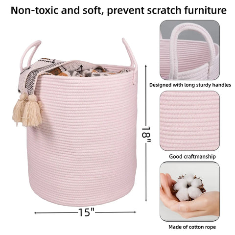 Large Tall Cotton Rope Laundry Basket Hamper With Handles For Nursery And Living Room, Woven Storage Bin, Light Pink, Boho Style
