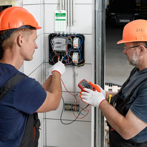 Technicians using Top Shelf Safety Inspection Tags Paired With Adjustable Wire Ties For Quick Equipment Checks on electrical panel.