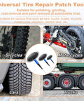 On The Go Roadside Tire Patch Kit With 24 Plugs shown with bicycles, motorcycles, cars, trucks tires.