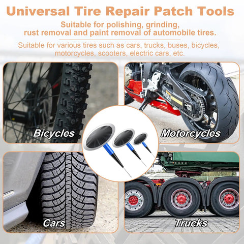 On The Go Roadside Tire Patch Kit With 24 Plugs shown with bicycles, motorcycles, cars, trucks tires.