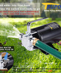 12V DC Mini Portable Water Pump For Sump Drainage, Battery Powered, Beefy 330 GPH Flow, 39 Ft Lift, spraying water on grass