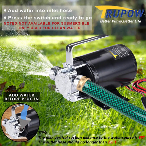 12V DC Mini Portable Water Pump For Sump Drainage, Battery Powered, Beefy 330 GPH Flow, 39 Ft Lift, spraying water on grass