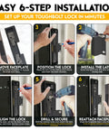 6-step installation guide for Sliding Door Lock With Double Deadbolt Security For Homes And Rentals, Kid Safe And Easy To Install.