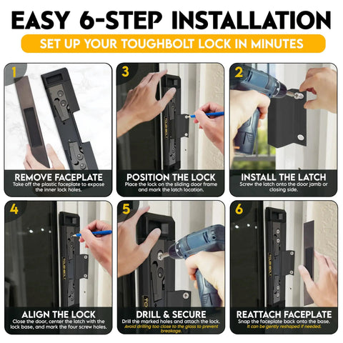 6-step installation guide for Sliding Door Lock With Double Deadbolt Security For Homes And Rentals, Kid Safe And Easy To Install.