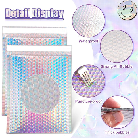 Dope Holographic Bubble Mailers 8 By 12 Inch 25 Pcs Metallic Bubble Mailers showing waterproof and puncture-proof features