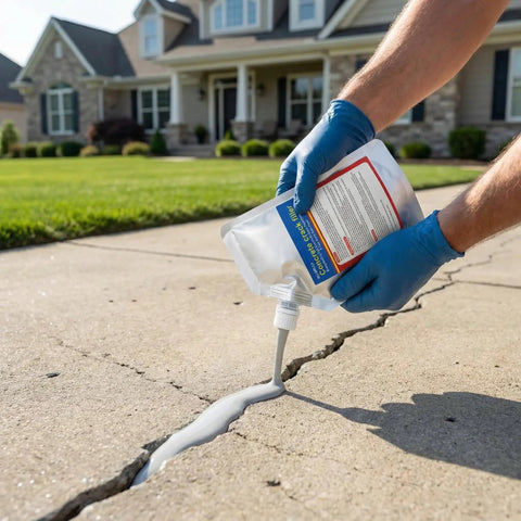 Applying Self Leveling Concrete Crack Filler 2 Pack 2.21 Lb High Elasticity Waterproof Repair Sealant on driveway crack