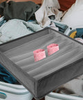 Multi Compartment Foldable Linen Drawer Organizer Box For Bras And Socks with pink lace detail in grey fabric compartments.