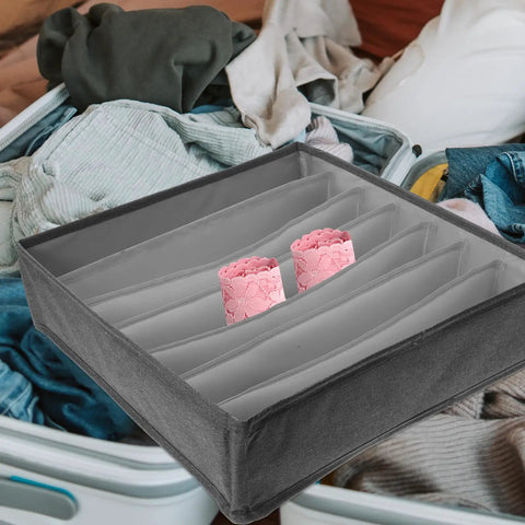 Multi Compartment Foldable Linen Drawer Organizer Box For Bras And Socks with pink lace detail in grey fabric compartments.