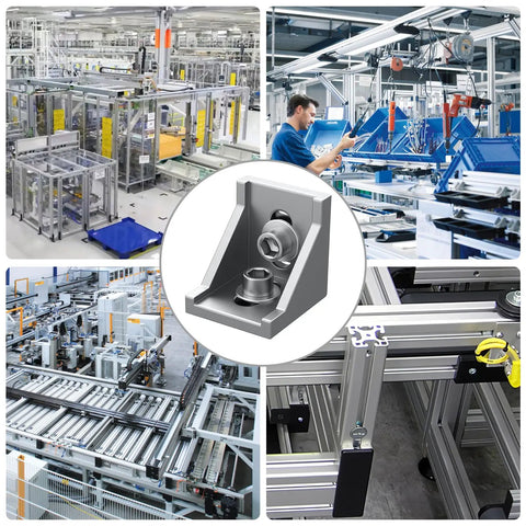 Sick 10 Pack 4040 Aluminum Extrusion Corner Brackets With T-Slot Complete Hardware Kit including M8 T-Nuts and screws in a factory setting.