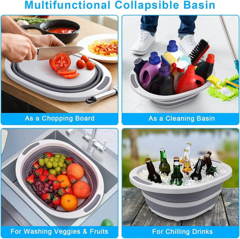 Collapsible Wash Basin 7.5L Dish Tub Sink Basin with Cutting Board used for chopping, cleaning, washing fruits, and chilling drinks