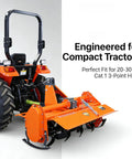 49 Inch 3 Point Rotary Tiller Attachment For Cat 1 Tractors 20 To 30 HP, 540 RPM PTO with orange color attached to tractor