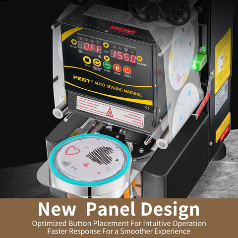 Automatic Cup Sealing Machine For 90 To 95 Mm Cups With Digital Panel Hands Free Sealing Ideal For Bubble Tea And Coffee Shops Seals 550 To 650 Cups Per Hour, showing control panel and cup tray with a decorated lid.