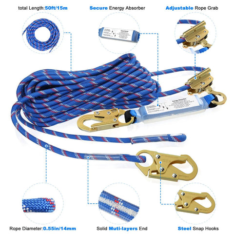 50 Ft Vertical Lifeline System With Dual Rope Grab Hooks and Shock Absorber showing braided line and steel snap hooks