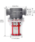 Badass Heavy Duty 1/2 Inch Female NPT In Line Strainer For Garden Hose And Pressure Washer dimensions with 200 mesh filter and clear body.