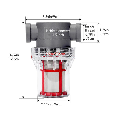 Badass Heavy Duty 1/2 Inch Female NPT In Line Strainer For Garden Hose And Pressure Washer dimensions with 200 mesh filter and clear body.